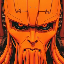 grainy risograph matte painting of gigantic huge evangelion face - like mech covered ooze, orange and red matte colors, by moebius, close - up wide portrait, hyperrealism