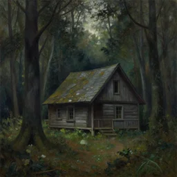a painting of a eerie cabin in the middle of the woods in the style of andreas achenback