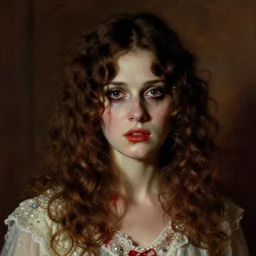 a beautiful but sinister, creepy young woman who looks like a young shirley henderson in layers of fear, with haunted eyes and curly hair, 1 9 7 0 s, seventies, delicate embellishments, a little blood, crimson, painterly, offset printing technique, by jules bastien - lepage