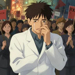 detailed, sharp, propaganda poster for a strike of a sad and gloomy crying physician wearing a white coat by Ilya Kuvshinov and Anna Dittmann and studio ghibli and WLOP and Rossdraws, digital art, trending on artstation, anime arts, featured on Pixiv, HD, 8K, highly detailed, good lighting, beautiful, epic, masterpiece