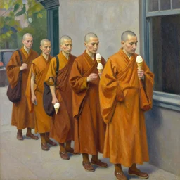monks queue up for ice cream, grant wood, pj crook, edward hopper, oil on canvas