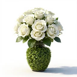 topiary shaped like a white roses in vase, photorealistic wildlife photography, full body, isolated on a pure white background, centered, entire subject in frame, sharp focus, soft studio lighting