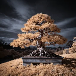 award winning infrared photography by andy lee, strange shaped bonsai tree on a hill, dramatic lighting, wide angle lens, long exposure