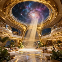colossal spaceship viewing deck, design by zaha hadid, luxurious gold and marble, beautiful nebulas, dramatic warm and cold lighting. light shafts and god rays. families enjoying themselves, lush plants, architectural photography, 8 k, realistic lighting, reflections, bloom, hyperdetailed environment, pbr materials.