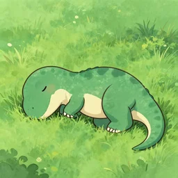 a dinosaur sleeping in the grass in the style of Yusuke Murata