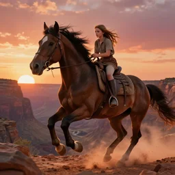 spirit, the wild horse from the spirit movie, with the young girl named lucky on the horseback galloping next to a canyon into the sunset, movie poster, intricate detail, 8 k, trending on artstation, octane render