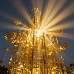 Golden  structures, shining lights, god rays, glass  by  zaha hadid