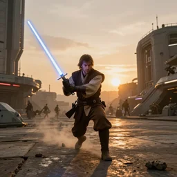 an action photography of a jedi knight with drawn lightsaber sword escaping the empire, extreme long shot, in coruscant underworld, sunset photo at golden hour, wide - angle lens, 8 5 mm lens, award - winning photo, 4 k