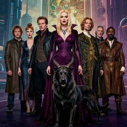 realistic detailed portrait movie shot of a beautiful blond vampire woman with a cerberus, futuristic city background by denis villeneuve, amano, yves tanguy, alphonse mucha, max ernst, kehinde wiley, caravaggio, roger dean, cyber necklace, rich moody colours, sci fi patterns, wide angle