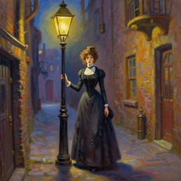 oil painting steampunk alley thin Vicotorian lady under a street lamp by James Gurney, Thomas Kinkade, Ralph Horsley vivid color