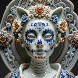 La Catrina pretty face, A Close up photo-real delicate ceramic porcelain sculpture of a symmetrical ornate detailed in front of an intricate background by Victo Ngai and takato yamamoto, micro detail, backlit lighting, face in focus, subsurface scattering, translucent, thin porcelain, octane renderer, colorful, physically based rendering, japanese pottery, trending on cgsociety