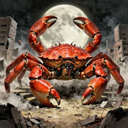 a very big giant mechanical weapons battle armor crab in the middle of war - torn battlefield of a crumbling city, very big dullish moon, some smoke, artstation, concept art, smooth, sharp focus, vivid grunge, manga, illustration, traditional japanese colors, superior quality, very detailed, wide angle, by bilibin, kuvshinov, malevich and mucha