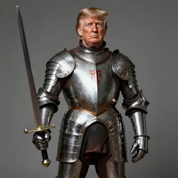 donald trump wearing knights armor, donald trump holding one broadsword, by hans holdein, donald trumps highly detailed handsome face, two arms, two legs