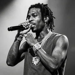 lil uzi vert, performing at live aid, photorealistic, black and white, hyper detailed