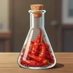 art anime food in a flask with a cork inside a glass cone, spicy, noodles, cyberpunk, egg, paprika, potatoes, meat, cooked, hot sauce