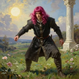 medieval noble male with magenta hair and pink bangs which partly cover his face, full body view, dramatic pose, blood on his face, no beard, photorealistic oil painting in medieval style, sun in the sky, bloom, green grassy land and white marble columns in the background