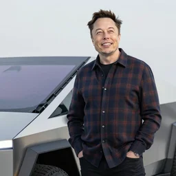 elon musk, wearing a plaid shirt, standing near cybertruck, smiling, looking at the sky, terraformed mars and starships in the background, a vintage american poster by j. howard miller,