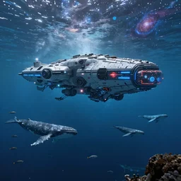 a giant glowing spaceship in the ocean, flying fish, whales, galaxy, hyper realistic, epic lighting, cyberpunk, wide angle lens