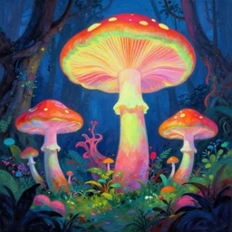 felucia landscape, neon jungle, giant fluorescent fungi, colorful painting by ralph mcquarrie
