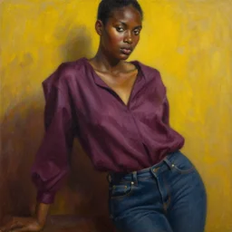 detailed portrait in femininity, ethnic, realistic face sculpted features, statuesque model leaning, modern fashion, organic blouse and jeans, warm glow, supple, bathed in light, chiaroscuro, specular highlights, angular impressionism, radiosity, plum and yellow color scheme, deep rich tones, contemporary art, oil on canvas