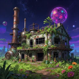 a beautiful hyperdetailed illustration of industrial architecture urbex abandoned nature game room architecture building by asher brown durand, cosmic at spring universe thermal vision synthwave matte painting nature flowers nightsky vaporwave dieselpunk futuristic alien retrowave, archdaily, wallpaper, highly detailed, trending on artstation.
