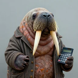 a large walrus wearing a tweed jacket, holding a calculator in his hand, portrait, digital art, cinematic, concept art, 8 k, painting, trending on artstation
