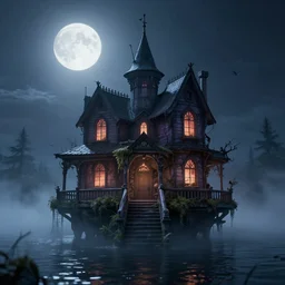 photorealistic wide shot of a beautiful hanted house that floats on the water in the moonlight, octane render, unreal engine 4k, volumetric light, fog, detailed