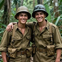 A soldier with his arm arounf his buddie while they are both smiling at the camera, Vietnam War, Jungle, detailed, realistic, 4k, HDR