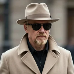 blonde Viktor Reznov portrait with a beige coat, a blonde goatee, beige fedora, and sunglasses, photorealistic, dramatic lighting
