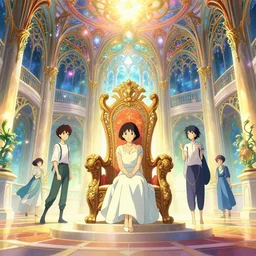 an art nouveau decorated throne room in a palace, magical, bright, colorful, fantastic lighting, amazing details, 4 k uhd, illustration by hayao miyazaki and makoto shinkai and ilya kuvshinov, artstation, pixiv,
