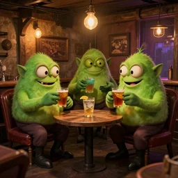 gremlins having drinks in rustic night club, artstation,