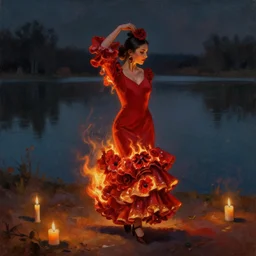detailed oil painting of spanish flamenco dancer walking into a lake wearing a red dress made of flowers that's engulfed in flames, dimly lit by candles on the ground, looking away, dark shadows, ethereal, slr, 4 k, high definition