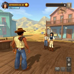 screenshot of gameplay dating simulator game set in 1 8 3 8, interior of old west saloon, featuring african american and japanese cowboys and cowgirls in ghost town with buildings painted bright pastel colors, morning light with mountains in the background