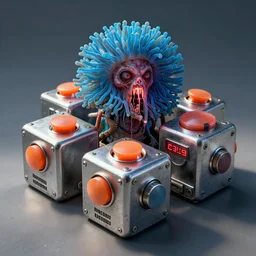airbrushed chrome machine cubes, bright buttons, aged blue haired sea anemone busted neon by geof darrow, alex ross, simon bisley, kelly freas fine art masterpiece baked at 3 0 0 f, matte painting, cold lighting, aged with sunlight, award winning horror, photorealistic render, cinematic