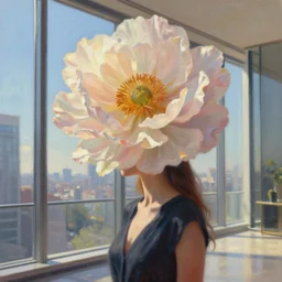 closeup, huge flower as head, woman standing by tall modern windows, luxury apartment, surreal photography, sunlight, impressionist painting, digital painting, artstation, simon stalenhag