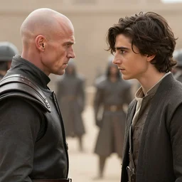 Establishing shot of a duel between two subjects, bald ominous brooding Austin Butler as Feyd-Rautha Harkonnen against Timothee Chalamet as Paul Atreides in an arena, clear gaze, detailed eyes