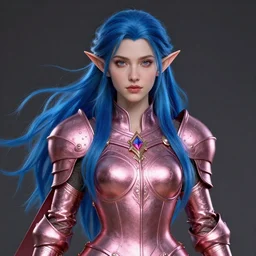 a beautiful and highly detailed digital portrait of a regal elf with long blue windswept hair in a rose gold breastplate by artgerm, nina tryggvadottir, and lu ji, centered, artsation contest winner, cgsociety, fantasy art, cryengine, concept art, photorealism, daz 3 d, sketchfab, zbrush, vray