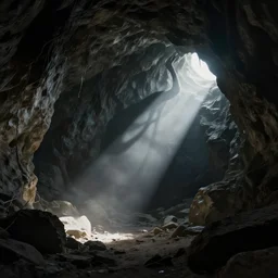 a dark cave opening with a bright light inside the cave and a large twisted shadow creature casting shadows, masterpiece, artstation, Zdzisław Beksiński, 4k, dramatic