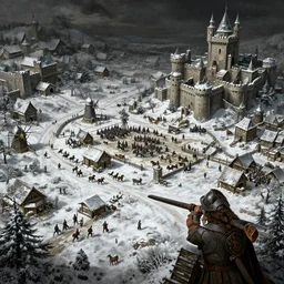 RTS gameplay third person in style of Brueghel paintings, painting,   Stronghold strategy gameplay, high detailed,dark fantasy, dark tones, medieval, snow, buildings, castle, armored units, cavalry,RPG, high detailed, contrast, octane render,mill, farm, creative