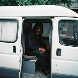 ice cream van with creepy shadow man inside, found footage, analog, disposable film, 8 mm