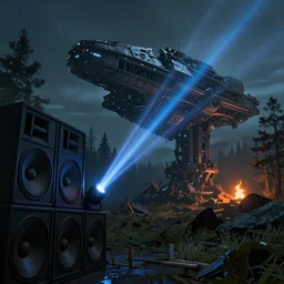 big powerful laser light and big sound system on the left side close to the camera, a giant megastructure spaceship wrecked and lost in the forest, a small fire in the distance, detailed digital art by greg rutkowski.