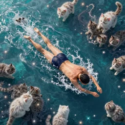 aerial shot of a swimmer swimming in sea made of fluffy kittens in Mandelbrot fractal by Craig Mullins, ilya kuvshinov, krenz cushart, artgerm trending on artstation by Edward Hopper and Dan Mumford and WLOP and Rutkovsky, beksinski carl spitzweg moebius and tuomas kocar, intricate artwork by caravaggio, Unreal Engine 5, Lumen, Nanite, low poly