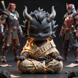 a tiny adorable demonic samurai meditating, wrapped in sacred parchment with glowing text, substance 3 d painter, cinematic, hyper realism, high detail, octane render, unreal engine, 8 k, high contrast, art by shintaro kago and moebius, overwatch character, aperture f 2. 8