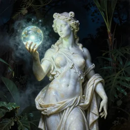 a neoclassicist portrait of an alien marble statue holding glowing orbs in a botanical garden at night. reflective textures. glowing fog. highly detailed fantasy science fiction painting by moebius, norman rockwell, frank frazetta, and syd mead. rich colors, high contrast, gloomy atmosphere, dark background. artstation
