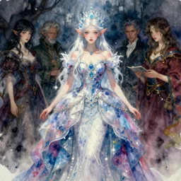elf ice witch princess dress. intricate, amazing composition, colorful watercolor, by ruan jia, by maxfield parrish, by marc simonetti, by hikari shimoda, by robert hubert, by zhang kechun, illustration, gloomy, volumetric lighting, fantasy