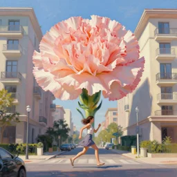 a giant carnation flower head, a woman running between luxury apartments, surreal photography, sunlight, impressionist painting, digital painting, artstation, simon stalenhag