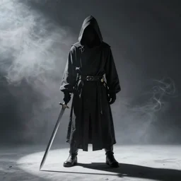 a cloaked figure holding a sword, shadows, smoke