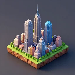 3 d isometric diorama full view of a small square island with two tall new york buildings on top of it, detailed, sharp focus, a 3 d render by filip hodas, featured on polycount, cubo - futurism, colorful, voxel art, diorama, cityscape, octane render, no crop!!!
