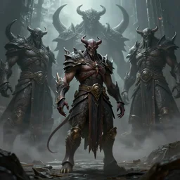 a great demon who is standing before the giant gods, character design, Dark fantasy, unreal engine, high detail, realistic, sci-fi, trending on artstation, Greg Rutkowski,