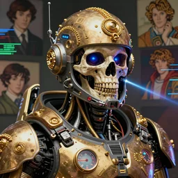 portrait of a dead cyberpunk terminator robocop mutant space pirate in concept armor with gold and jewels cyborg skull details, lasers and electronic lights and meters, a futuristic prototype oxygen intake helmet, analogue interferences, by Abigail Larson + Alan Lee + Audrey Kawasaki + Giovanni-Piranesi + Winsor-McCay + Howard-Pyle, headshot, 8k vhs glitch, cinematic, sharp focus, smooth, sense of awe